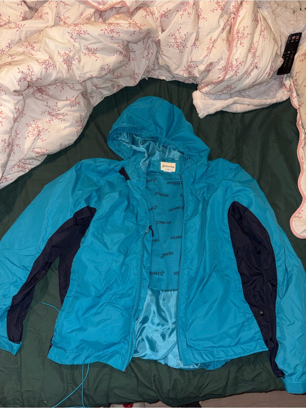 St. John's Bay Teal and Navy Hooded Rain Jacket
